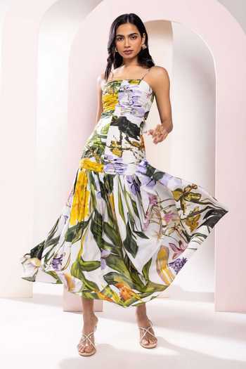 Poppi_Multi Color Bemberg Bandeau Neck Floral Print Ruched Bodice Dress _Online_at_Aza_Fashions