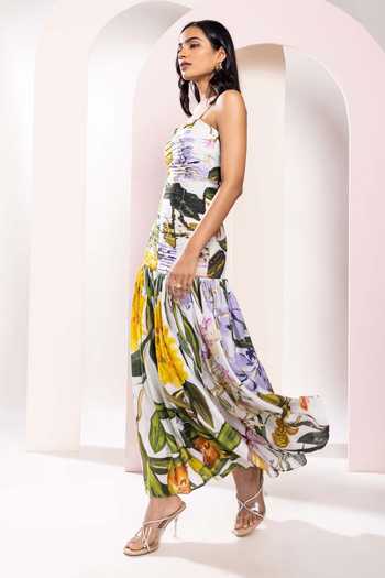 Buy_Poppi_Multi Color Bemberg Bandeau Neck Floral Print Ruched Bodice Dress _Online_at_Aza_Fashions