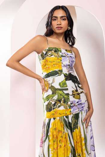 Shop_Poppi_Multi Color Bemberg Bandeau Neck Floral Print Ruched Bodice Dress _Online_at_Aza_Fashions
