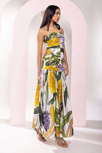 Poppi_Multi Color Bemberg Bandeau Neck Floral Print Ruched Bodice Dress _at_Aza_Fashions