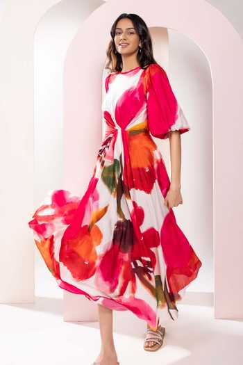 Poppi_Multi Color Bemberg Round Neck Floral Print Cinched Waist Dress _Online_at_Aza_Fashions