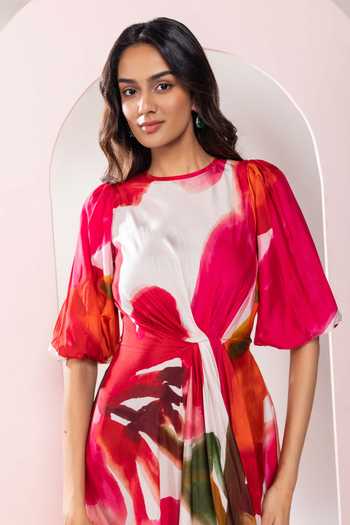 Buy_Poppi_Multi Color Bemberg Round Neck Floral Print Cinched Waist Dress _Online_at_Aza_Fashions