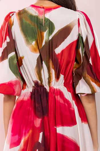 Shop_Poppi_Multi Color Bemberg Round Neck Floral Print Cinched Waist Dress _Online_at_Aza_Fashions