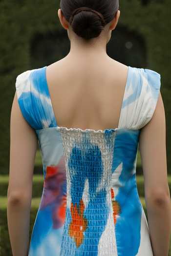 Poppi_Blue Bemberg Square Neck Floral Print Ruched Maxi Dress _Online_at_Aza_Fashions