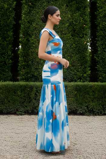 Buy_Poppi_Blue Bemberg Square Neck Floral Print Ruched Maxi Dress _Online_at_Aza_Fashions