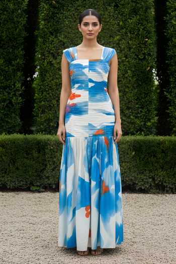 Shop_Poppi_Blue Bemberg Square Neck Floral Print Ruched Maxi Dress _Online_at_Aza_Fashions