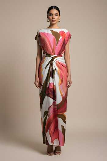 Poppi_Multi Color Bemberg Boat Neck Floral Print Dress _Online_at_Aza_Fashions