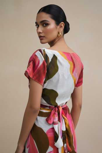 Buy_Poppi_Multi Color Bemberg Boat Neck Floral Print Dress _Online_at_Aza_Fashions