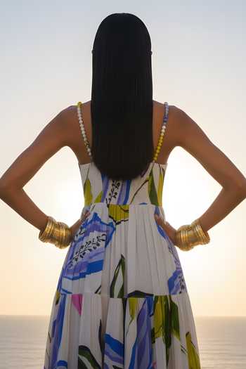 Poppi_Multi Color Bemberg Square Neck Abstract Print Silk Maxi Dress _Online_at_Aza_Fashions