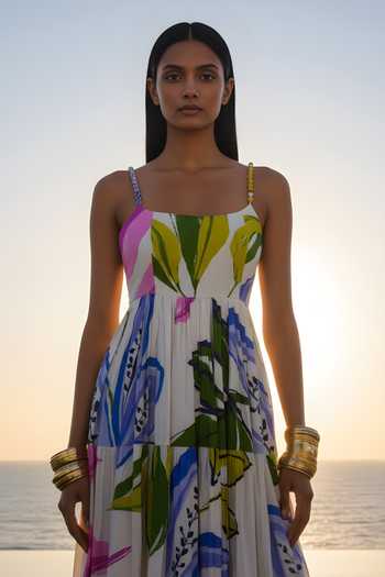 Buy_Poppi_Multi Color Bemberg Square Neck Abstract Print Silk Maxi Dress _Online_at_Aza_Fashions