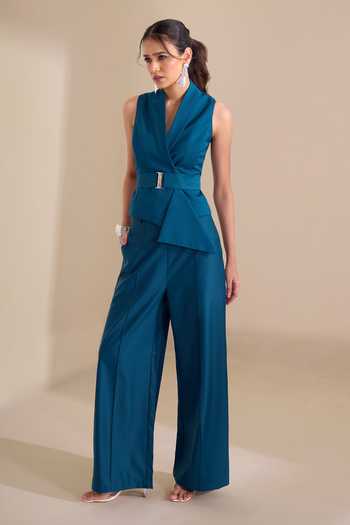 Naintara Bajaj_Teal Lycra V-neck Asymmetric Waistcoat And Trouser Set _Online_at_Aza_Fashions