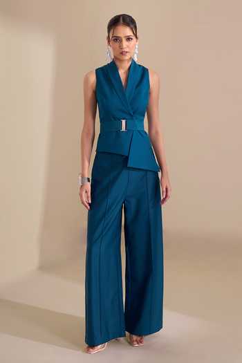 Buy_Naintara Bajaj_Teal Lycra V-neck Asymmetric Waistcoat And Trouser Set _Online_at_Aza_Fashions
