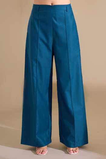 Buy_Naintara Bajaj_Teal Lycra V-neck Asymmetric Waistcoat And Trouser Set 