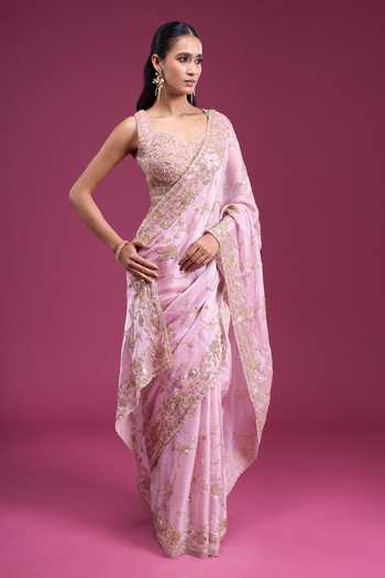 Buy_Samyukta Singhania_Pink Organza, Tissue Sweetheart Neck Floral Vine Handwork Saree With Blouse _Online_at_Aza_Fashions