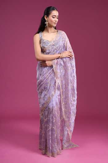 Samyukta Singhania_Purple Organza, Tissue Sweetheart Neck Sequin Handwork Saree With Blouse _Online_at_Aza_Fashions