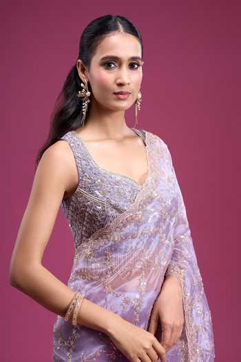 Buy_Samyukta Singhania_Purple Organza, Tissue Sweetheart Neck Sequin Handwork Saree With Blouse _Online_at_Aza_Fashions