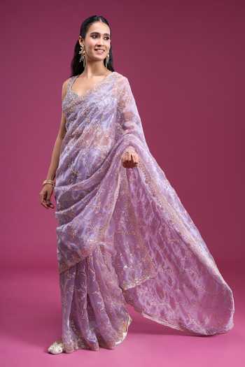 Shop_Samyukta Singhania_Purple Organza, Tissue Sweetheart Neck Sequin Handwork Saree With Blouse _Online_at_Aza_Fashions