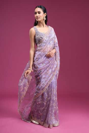 Samyukta Singhania_Purple Organza, Tissue Sweetheart Neck Sequin Handwork Saree With Blouse _at_Aza_Fashions