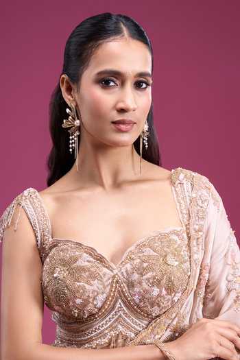 Samyukta Singhania_Gold Organza, Tissue Sweetheart Neck Handwork Sequin Saree With Blouse _Online_at_Aza_Fashions