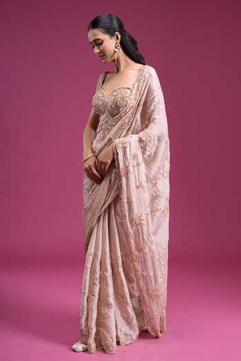 Buy_Samyukta Singhania_Gold Organza, Tissue Sweetheart Neck Handwork Sequin Saree With Blouse _Online_at_Aza_Fashions
