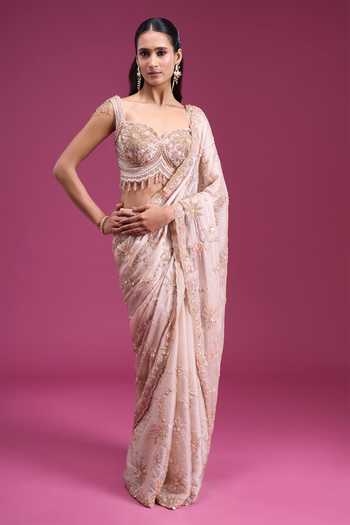 Shop_Samyukta Singhania_Gold Organza, Tissue Sweetheart Neck Handwork Sequin Saree With Blouse _Online_at_Aza_Fashions