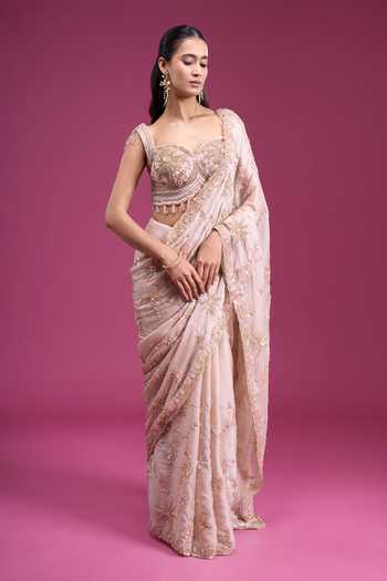 Samyukta Singhania_Gold Organza, Tissue Sweetheart Neck Handwork Sequin Saree With Blouse _at_Aza_Fashions