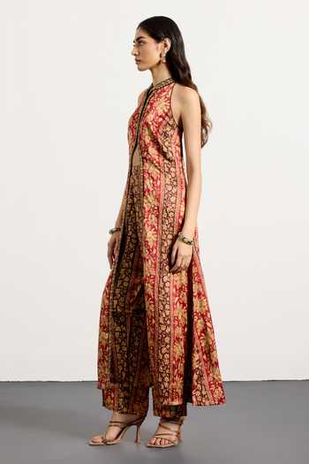 Buy_RI.Ritu Kumar_Beige Crepe, Rayon Halter Neck Chameli Print Kurta And Pant Set _Online_at_Aza_Fashions