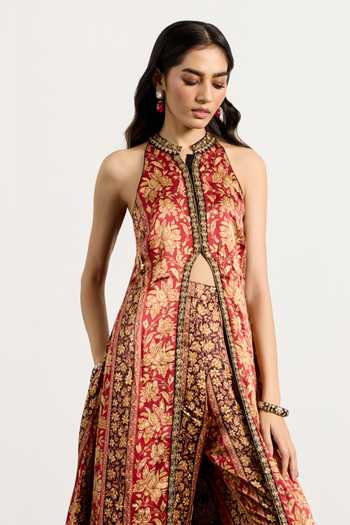Shop_RI.Ritu Kumar_Beige Crepe, Rayon Halter Neck Chameli Print Kurta And Pant Set _Online_at_Aza_Fashions