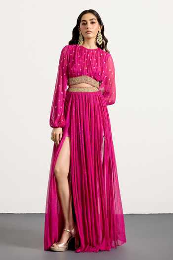 RI.Ritu Kumar_Fuchsia Silk, Chiffon Round Neck Brocade Woven Top And Skirt Set _Online_at_Aza_Fashions