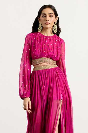 Buy_RI.Ritu Kumar_Fuchsia Silk, Chiffon Round Neck Brocade Woven Top And Skirt Set _Online_at_Aza_Fashions
