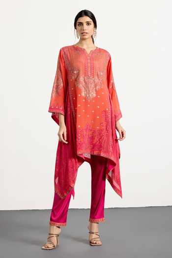 Buy_RI.Ritu Kumar_Fuchsia Silk, Chinon, Viscose, Satin, Spandex Split Printed Kurta And Pant Set _Online_at_Aza_Fashions