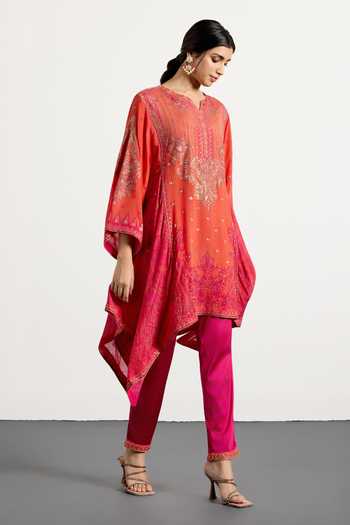 Shop_RI.Ritu Kumar_Fuchsia Silk, Chinon, Viscose, Satin, Spandex Split Printed Kurta And Pant Set _Online_at_Aza_Fashions