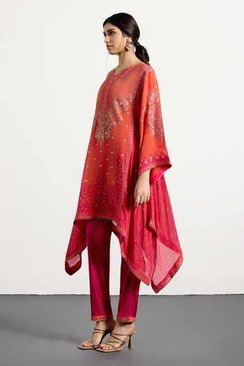 RI.Ritu Kumar_Fuchsia Silk, Chinon, Viscose, Satin, Spandex Split Printed Kurta And Pant Set _at_Aza_Fashions