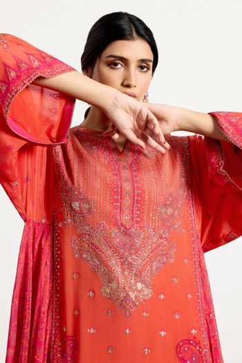 Buy_RI.Ritu Kumar_Fuchsia Silk, Chinon, Viscose, Satin, Spandex Split Printed Kurta And Pant Set 
