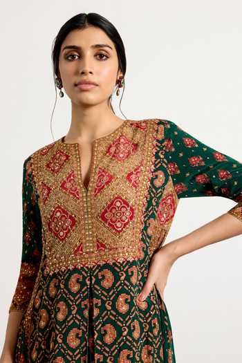 Shop_RI.Ritu Kumar_Green Rayon, Crepe, Chiffon, Viscose Embroidery Vista Printed Kurta Palazzo Set _Online_at_Aza_Fashions