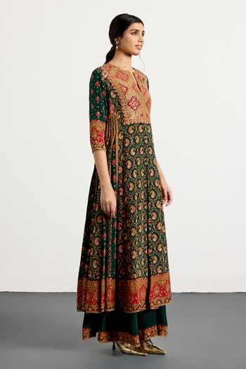 Buy_RI.Ritu Kumar_Green Rayon, Crepe, Chiffon, Viscose Embroidery Vista Printed Kurta Palazzo Set 