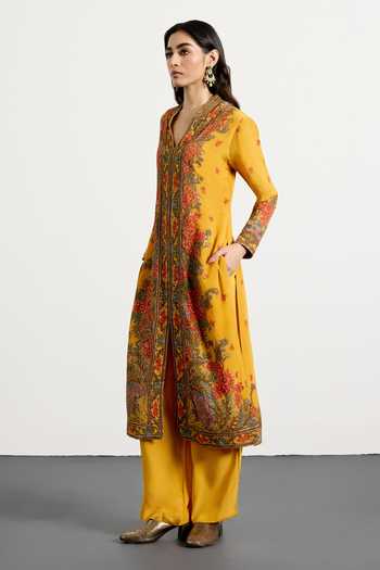 Shop_RI.Ritu Kumar_Yellow Crepe, Rayon, Chiffon, Viscose Dahlia Print Kurta Set _Online_at_Aza_Fashions