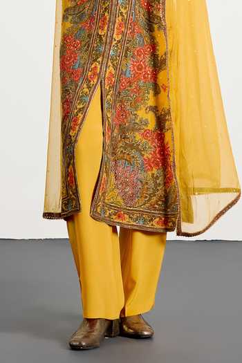 Buy_RI.Ritu Kumar_Yellow Crepe, Rayon, Chiffon, Viscose Dahlia Print Kurta Set 