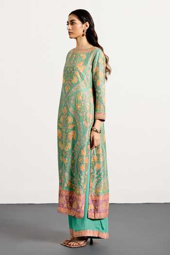 RI.Ritu Kumar_Pink Dupion, Chiffon, Viscose Boat Neck Sreshtha Floral Print Kurta Set _Online_at_Aza_Fashions