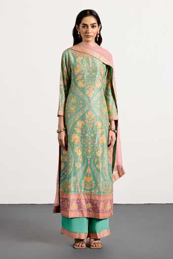 Shop_RI.Ritu Kumar_Pink Dupion, Chiffon, Viscose Boat Neck Sreshtha Floral Print Kurta Set _Online_at_Aza_Fashions