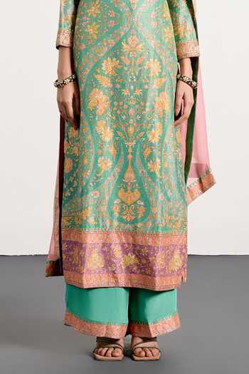 Buy_RI.Ritu Kumar_Pink Dupion, Chiffon, Viscose Boat Neck Sreshtha Floral Print Kurta Set 