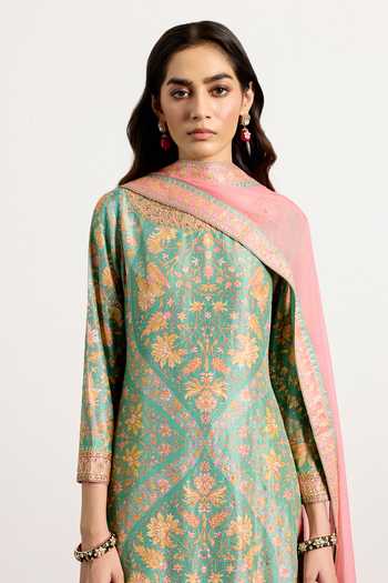 Shop_RI.Ritu Kumar_Pink Dupion, Chiffon, Viscose Boat Neck Sreshtha Floral Print Kurta Set 