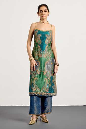 RI.Ritu Kumar_Blue Dupion, Crepe, Rayon, Net, Polyester Off-shoulder, Paisley Print Kurta Set _Online_at_Aza_Fashions