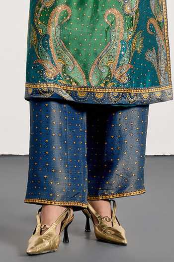 Shop_RI.Ritu Kumar_Blue Dupion, Crepe, Rayon, Net, Polyester Off-shoulder, Paisley Print Kurta Set _Online_at_Aza_Fashions