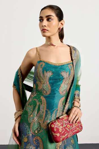RI.Ritu Kumar_Blue Dupion, Crepe, Rayon, Net, Polyester Off-shoulder, Paisley Print Kurta Set _at_Aza_Fashions