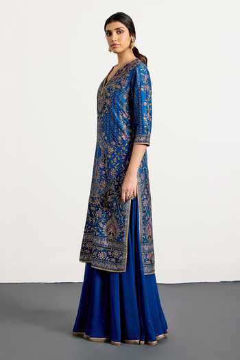 RI.Ritu Kumar Blue Dupion, Chiffon, Viscose Split V-neck Prisha Printed Kurta Gharara Set Online at Aza Fashions RI.Ritu Kumar_Blue Dupion, Chiffon, Viscose Split V-neck Prisha Printed Kurta Gharara Set _Online_at_Aza_Fashions