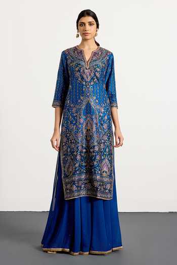 Buy RI.Ritu Kumar Blue Dupion, Chiffon, Viscose Split V-neck Prisha Printed Kurta Gharara Set Online at Aza Fashions Buy_RI.Ritu Kumar_Blue Dupion, Chiffon, Viscose Split V-neck Prisha Printed Kurta Gharara Set _Online_at_Aza_Fashions
