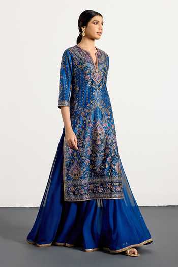 Shop RI.Ritu Kumar Blue Dupion, Chiffon, Viscose Split V-neck Prisha Printed Kurta Gharara Set Online at Aza Fashions Shop_RI.Ritu Kumar_Blue Dupion, Chiffon, Viscose Split V-neck Prisha Printed Kurta Gharara Set _Online_at_Aza_Fashions