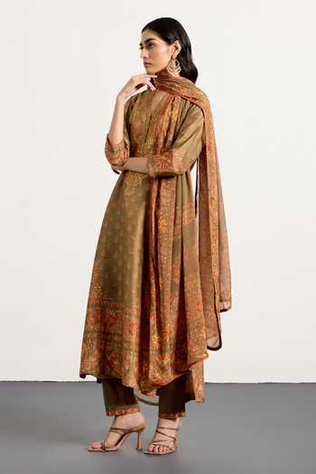 Shop_RI.Ritu Kumar_Beige Dupion, Satin, Viscose, Spandex, Chinon Nazia Print Kurta Set _Online_at_Aza_Fashions