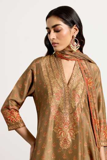 RI.Ritu Kumar_Beige Dupion, Satin, Viscose, Spandex, Chinon Nazia Print Kurta Set _at_Aza_Fashions